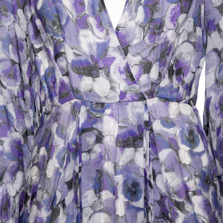 Pre Owned CH Carolina Herrera Blue Floral Printed Silk Faux Wrap Maxi Dress M