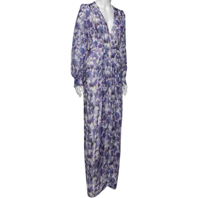 Pre Owned CH Carolina Herrera Blue Floral Printed Silk Faux Wrap Maxi Dress M