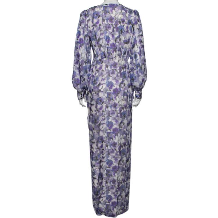 Pre Owned CH Carolina Herrera Blue Floral Printed Silk Faux Wrap Maxi Dress M