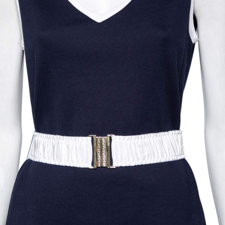 Pre Owned CH Carolina Herrera Navy Blue Cotton Sleeveless Belted Dress M