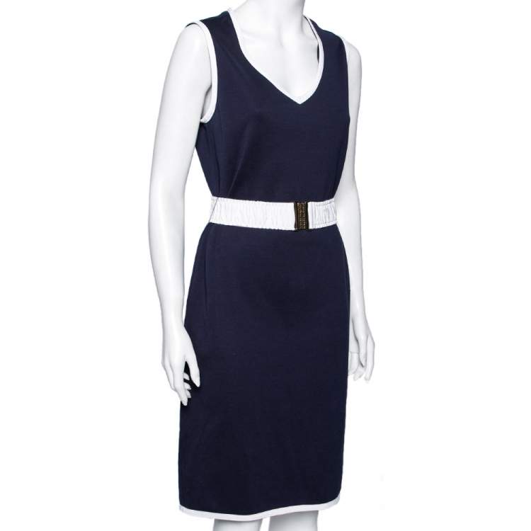 Pre Owned CH Carolina Herrera Navy Blue Cotton Sleeveless Belted Dress M
