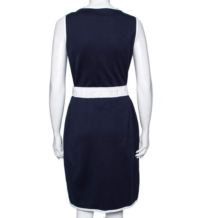 Pre Owned CH Carolina Herrera Navy Blue Cotton Sleeveless Belted Dress M