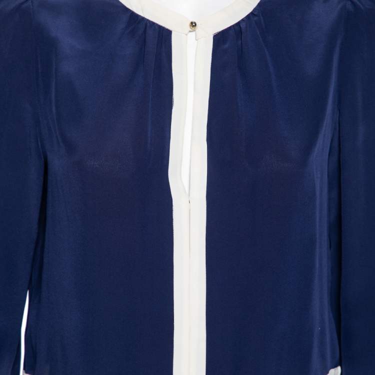 Pre Owned CH Carolina Herrera Blue Silk Contrast Paneled Blouse M