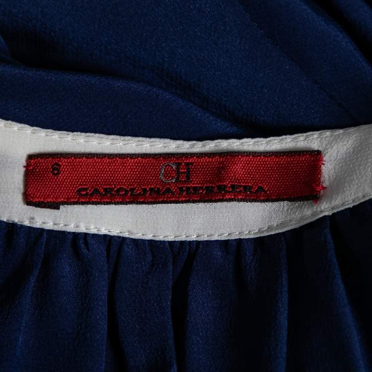 Pre Owned CH Carolina Herrera Blue Silk Contrast Paneled Blouse M