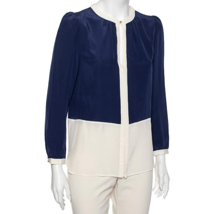 Pre Owned CH Carolina Herrera Blue Silk Contrast Paneled Blouse M