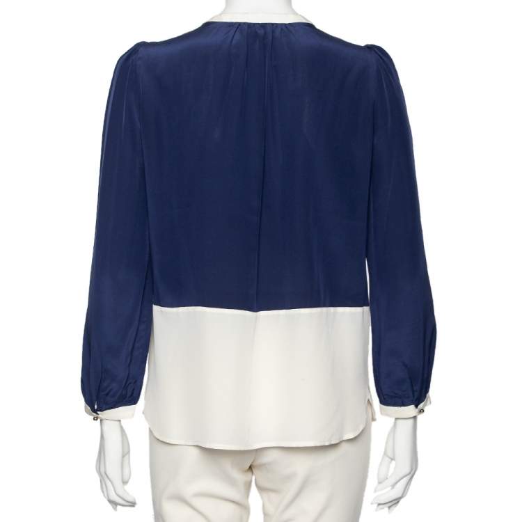 Pre Owned CH Carolina Herrera Blue Silk Contrast Paneled Blouse M