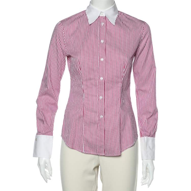 مملوكة مسبقًا CH Carolina Herrera Pink Striped Cotton Contrast Trim Shirt S