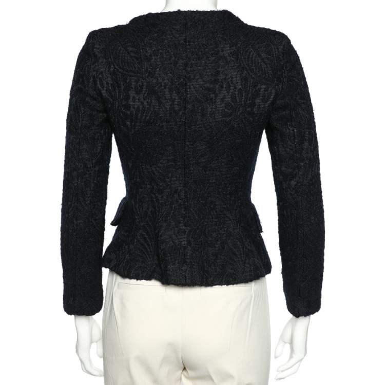 Pre Owned CH Carolina Herrera Navy Blue Floral Wool Jacquard Zip Front Jacket M
