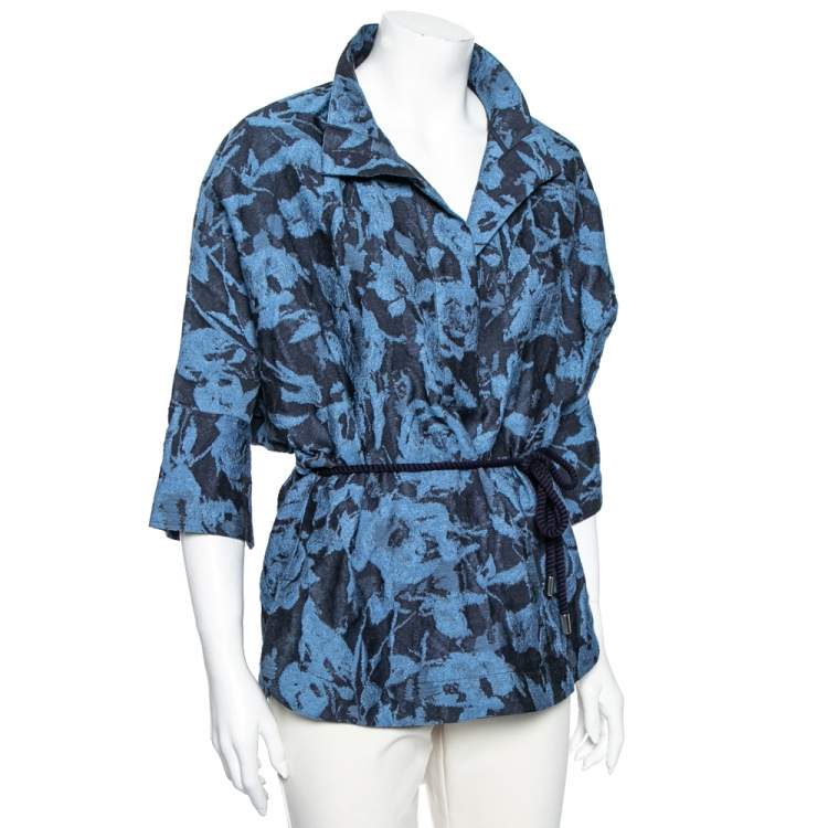 Pre Owned CH Carolina Herrera Blue Floral Embroidered Belted Top S