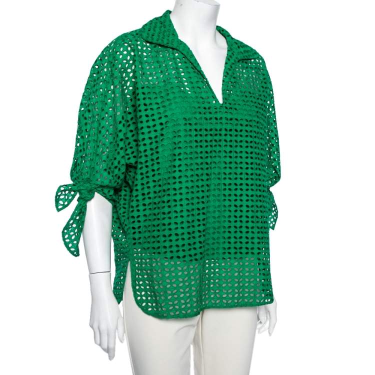 Pre Owned CH Carolina Herrera Green Cotton Eyelet Cut Top M