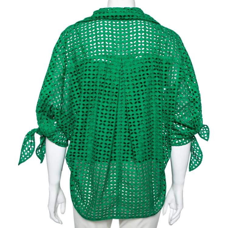 Pre Owned CH Carolina Herrera Green Cotton Eyelet Cut Top M