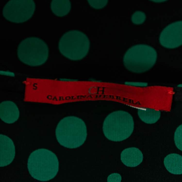 Pre Owned CH Carolina Herrera Black and Green Polka Dot Print Silk Top S