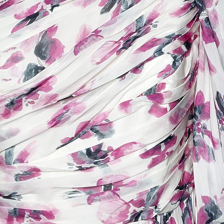 Pre Owned CH Carolina Herrera White Floral Printed Silk Chiffon Ruched One Shoulder Gown L