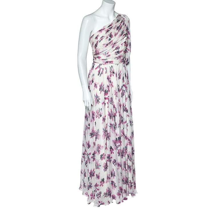 Pre Owned CH Carolina Herrera White Floral Printed Silk Chiffon Ruched One Shoulder Gown L