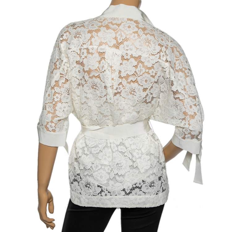 Pre Owned CH Carolina Herrera White Floral Lace Belted Tunic S
