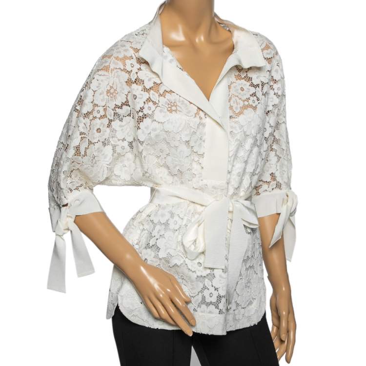 Pre Owned CH Carolina Herrera White Floral Lace Belted Tunic S