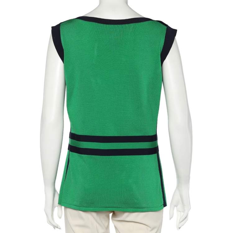 Pre Owned CH Carolina Herrera Green Knit Contrast Bow Detail Top L
