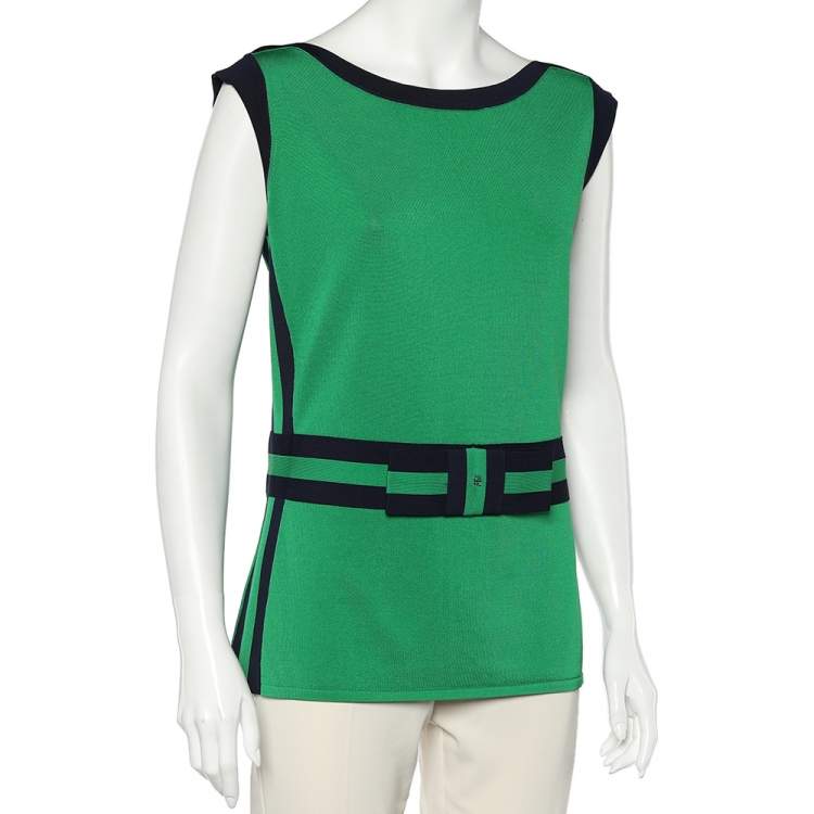 Pre Owned CH Carolina Herrera Green Knit Contrast Bow Detail Top L