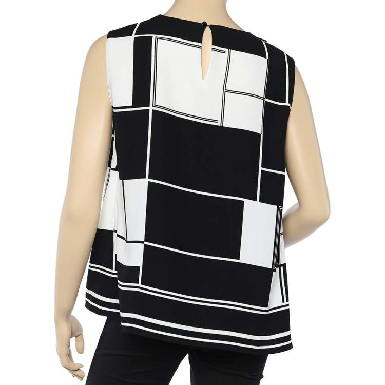 Pre Owned CH Carolina Herrera Monochrome Printed Crepe Overlap Detail Sleeveless Top L