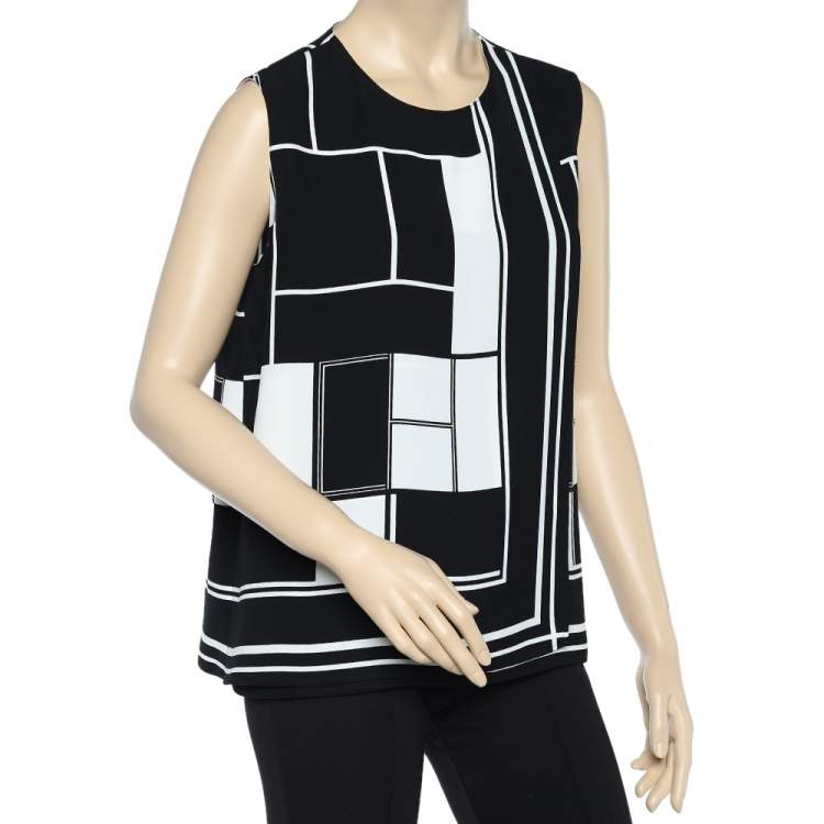 Pre Owned CH Carolina Herrera Monochrome Printed Crepe Overlap Detail Sleeveless Top L