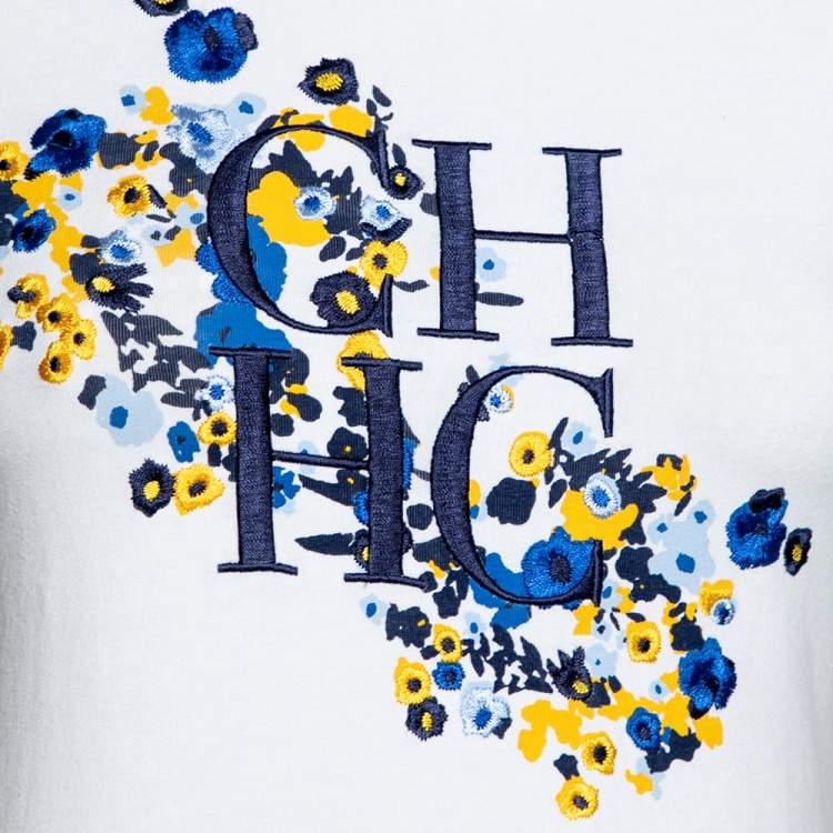 Pre Owned CH Carolina Herrera White Cotton Floral Embroidered Top M