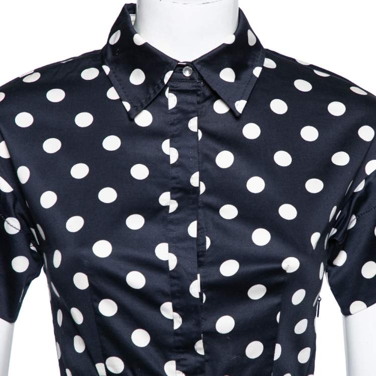 Pre Owned CH Carolina Herrera Blue & White Polka Dot Printed Cotton Pleated Belted Dress XS