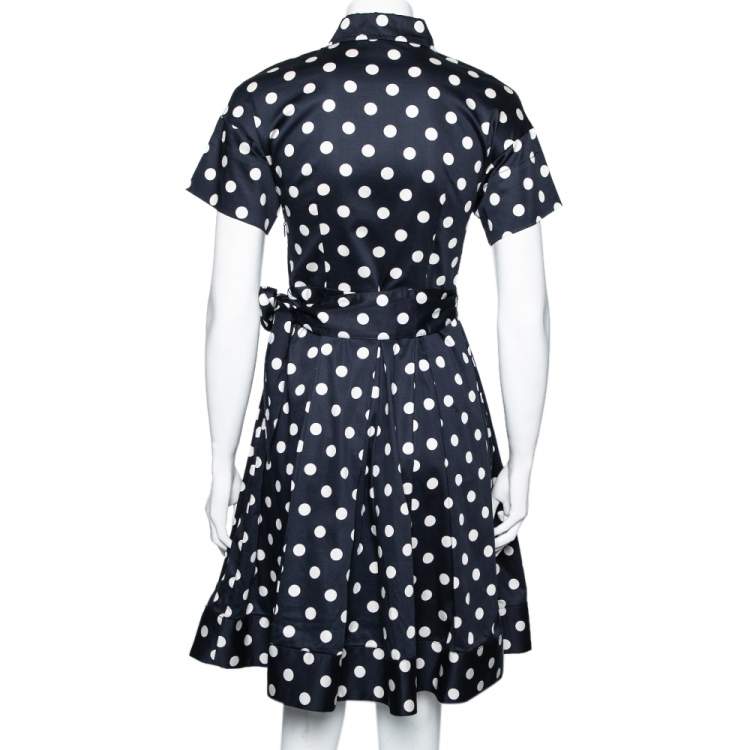 Pre Owned CH Carolina Herrera Blue & White Polka Dot Printed Cotton Pleated Belted Dress XS