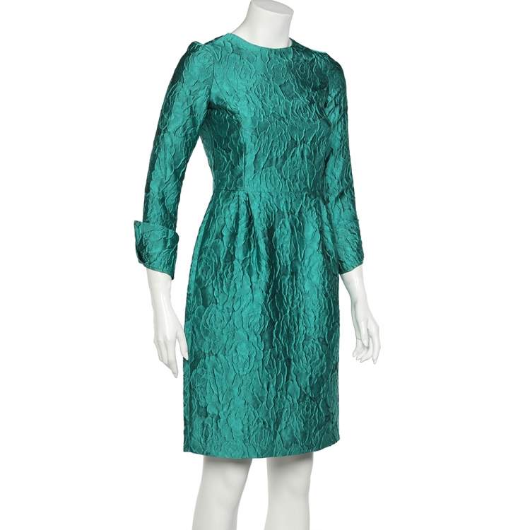 Pre Owned CH Carolina Herrera Green Silk Jacquard Long Sleeve Sheath Dress S