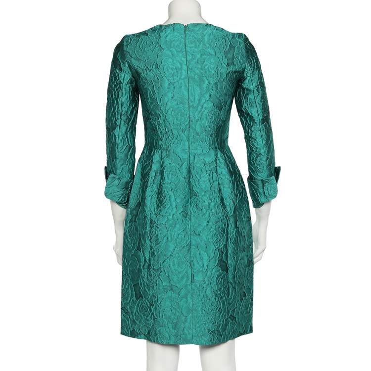 Pre Owned CH Carolina Herrera Green Silk Jacquard Long Sleeve Sheath Dress S