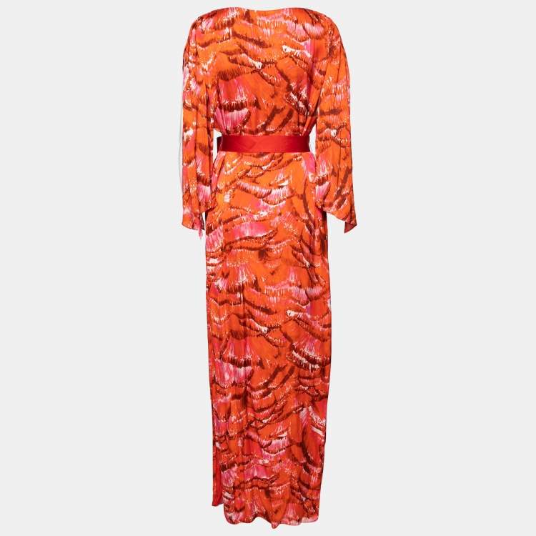 Pre Owned CH Carolina Herrera Red Printed Silk Side and Sleeve Slit Detailed Belted Dresses S