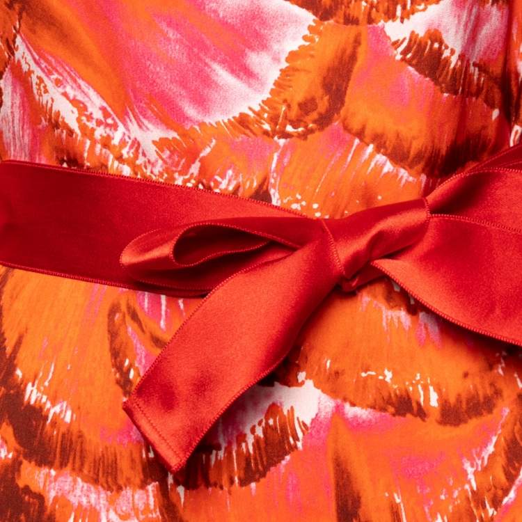 Pre Owned CH Carolina Herrera Red Printed Silk Side and Sleeve Slit Detailed Belted Dresses S