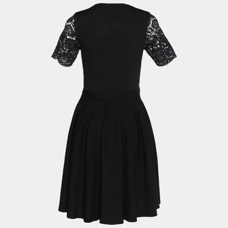 Pre Owned CH Carolina Herrera Black Knit & Lace Inset Bow Detail Dress M