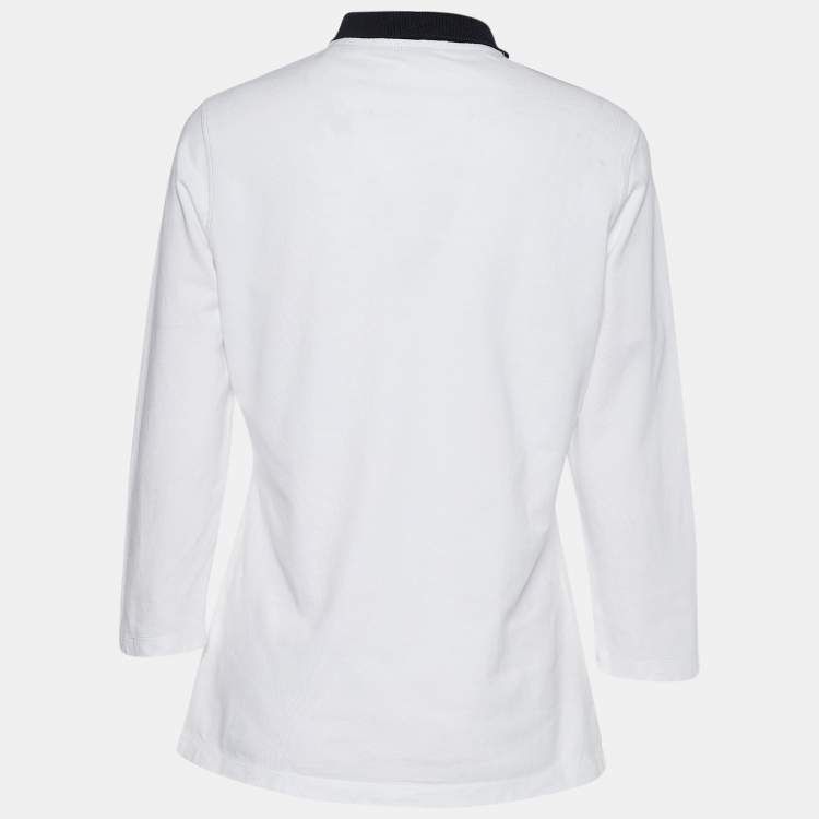 Pre Owned CH Carolina Herrera White Pique Knit Ruffled Polo Top L