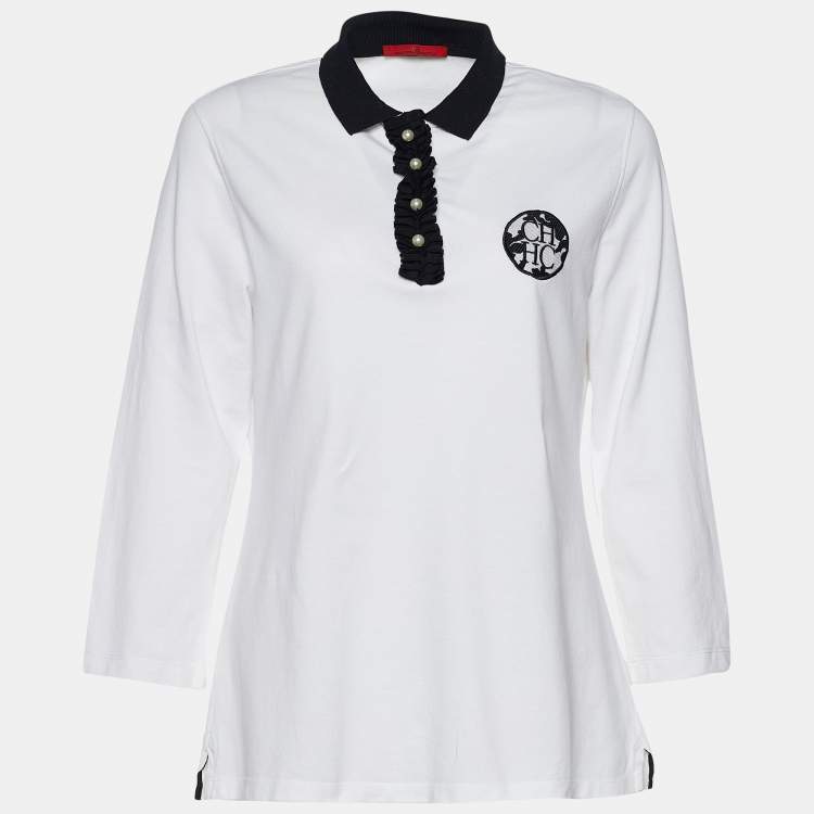 CH Carolina Herrera White Pique Knit Ruffled Polo Top L CH