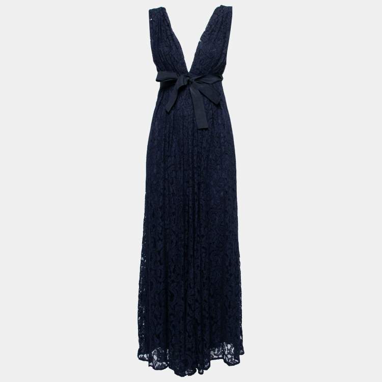 مملوكة مسبقًا CH Carolina Herrera Navy Blue Floral Lace Draped Maxi Dress S