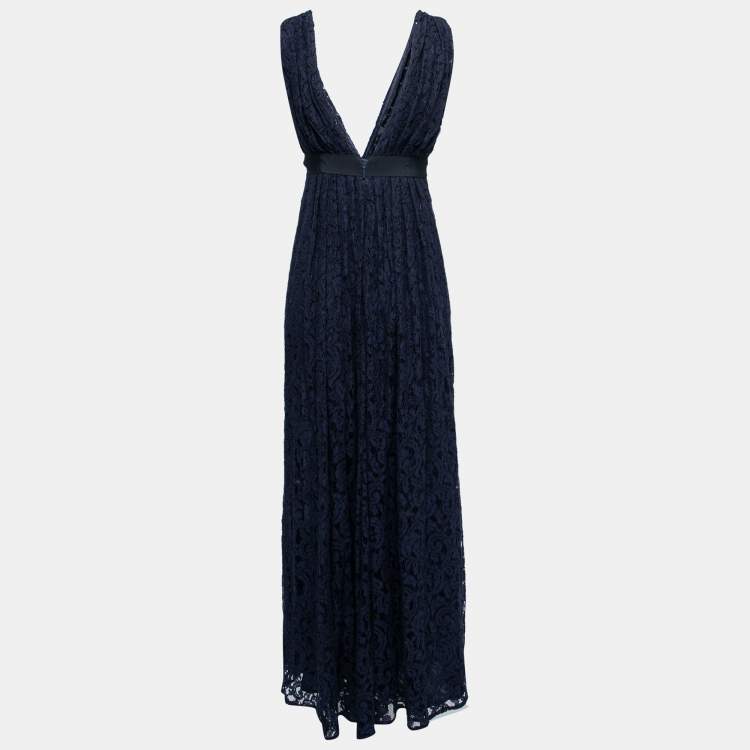 مملوكة مسبقًا CH Carolina Herrera Navy Blue Floral Lace Draped Maxi Dress S