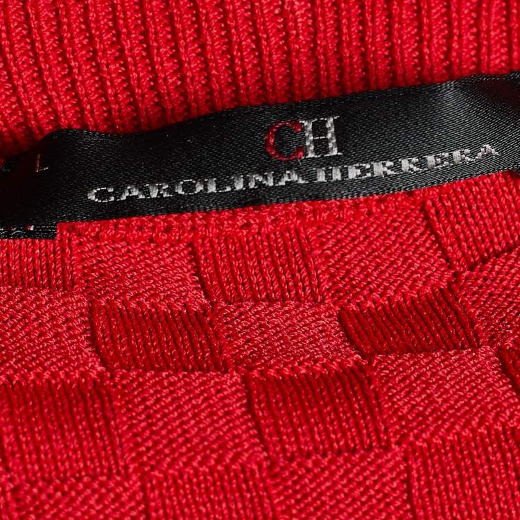 Pre Owned CH Carolina Herrera Red Check Patterned Jacquard Drop Shoulder Blouse L