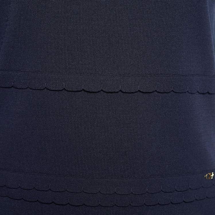 Pre Owned CH Carolina Herrera Navy Blue Knit Scalloped Trim Midi Dress M