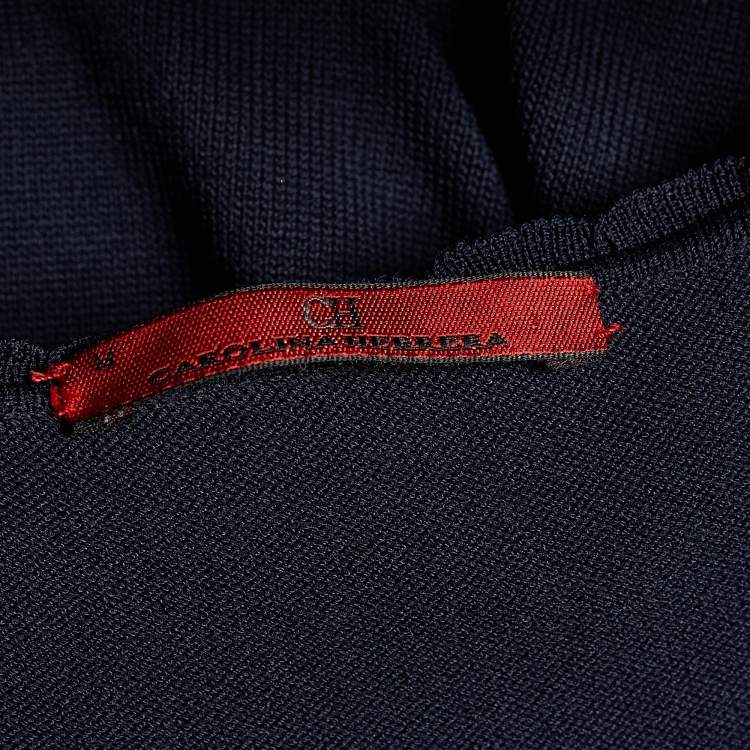 Pre Owned CH Carolina Herrera Navy Blue Knit Scalloped Trim Midi Dress M