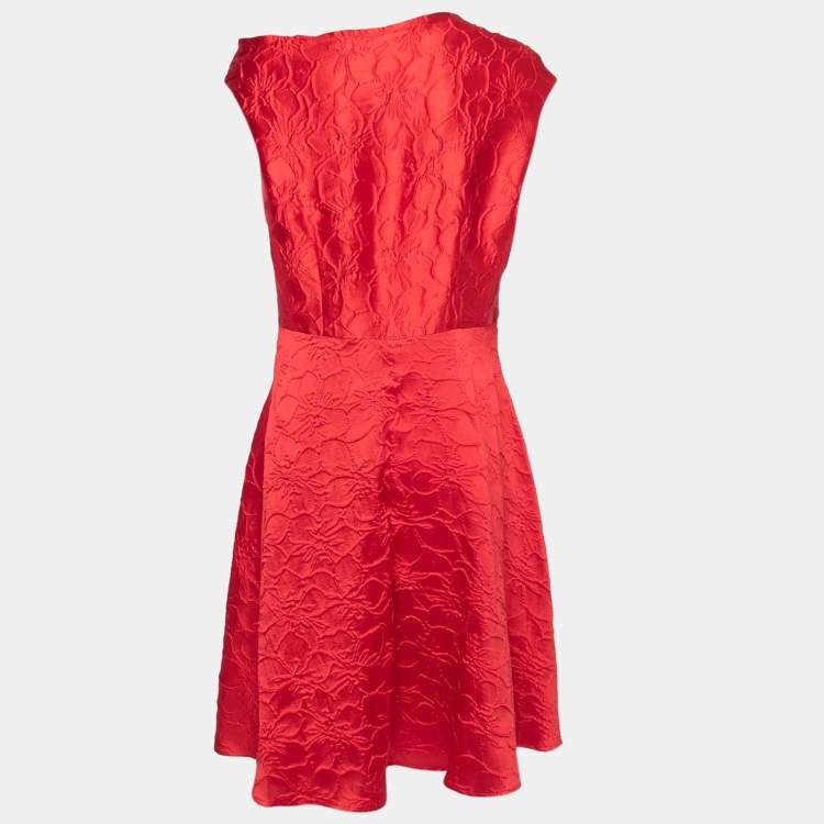 Pre Owned CH Carolina Herrera Red Floral Jacquard Sleeveless Flared Dress L