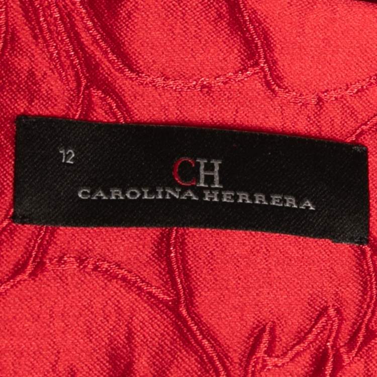 Pre Owned CH Carolina Herrera Red Floral Jacquard Sleeveless Flared Dress L