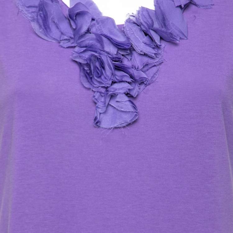 Pre Owned CH Carolina Herrera Purple Jersey Ruffled Neck Sleeveless Top