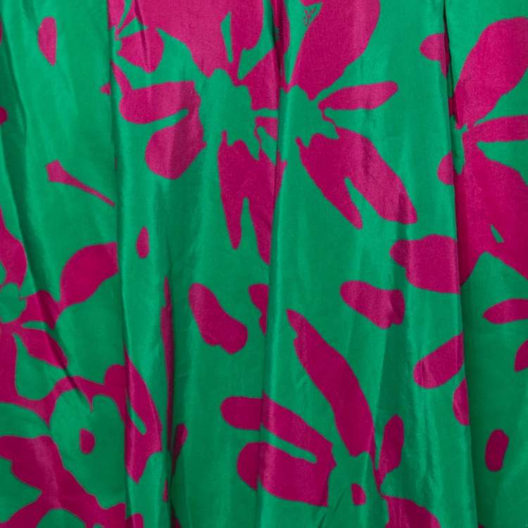 Pre Owned CH Carolina Herrera Green & Purple Printed Silk & Cotton Wide Leg Pants L