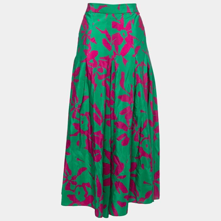 Pre Owned CH Carolina Herrera Green & Purple Printed Silk & Cotton Wide Leg Pants L