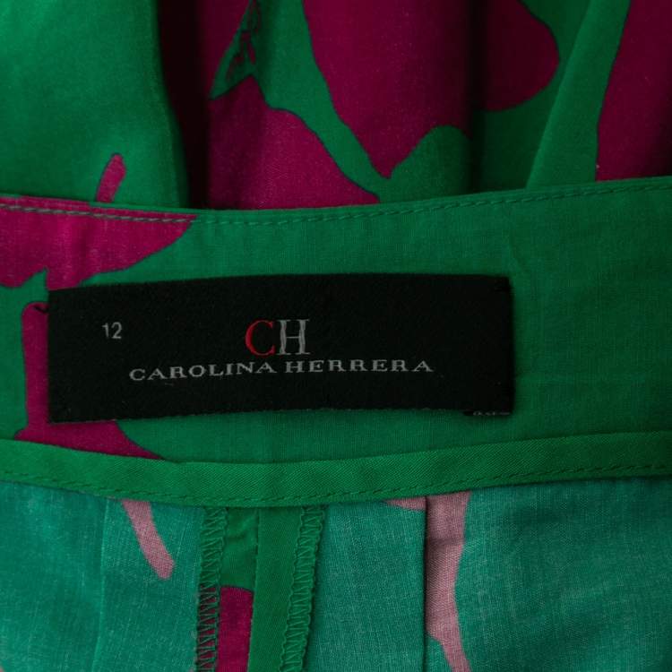 Pre Owned CH Carolina Herrera Green & Purple Printed Silk & Cotton Wide Leg Pants L