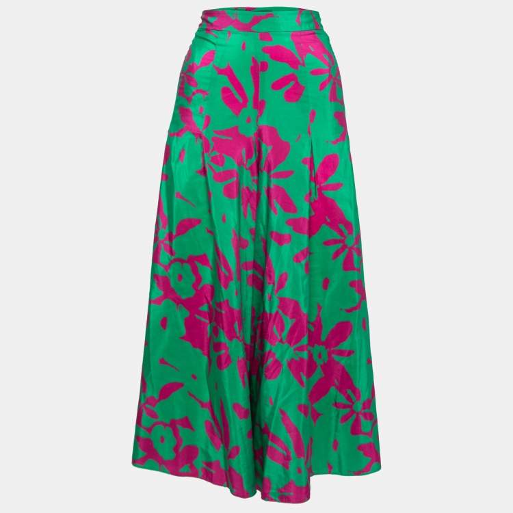 Pre Owned CH Carolina Herrera Green & Purple Printed Silk & Cotton Wide Leg Pants L