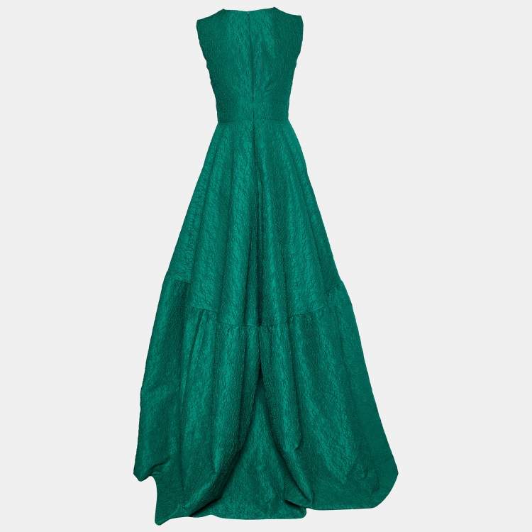 Pre Owned CH Carolina Herrera Green Floral Jacquard Trail Detail Flared Gown S