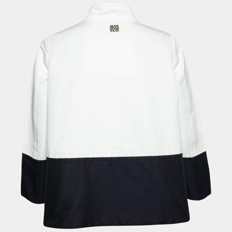 Pre Owned CH Carolina Herrera White & Navy Blue Textured Cotton Double Breasted Jacket S