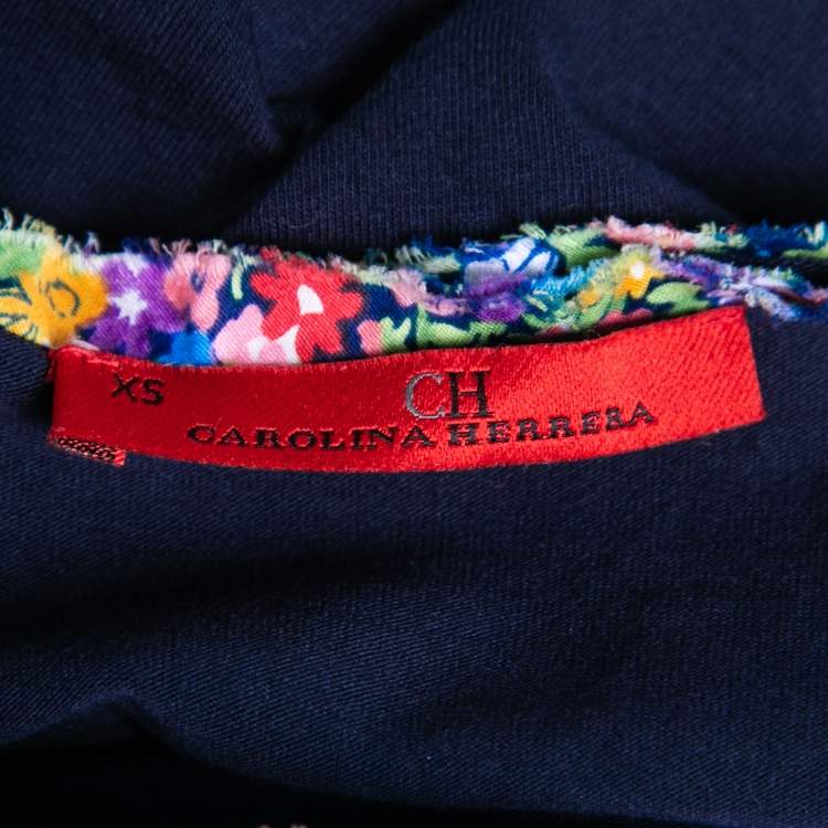 Pre Owned CH Carolina Herrera Navy Blue Cotton Floral Logo Embroidered T-Shirt XS