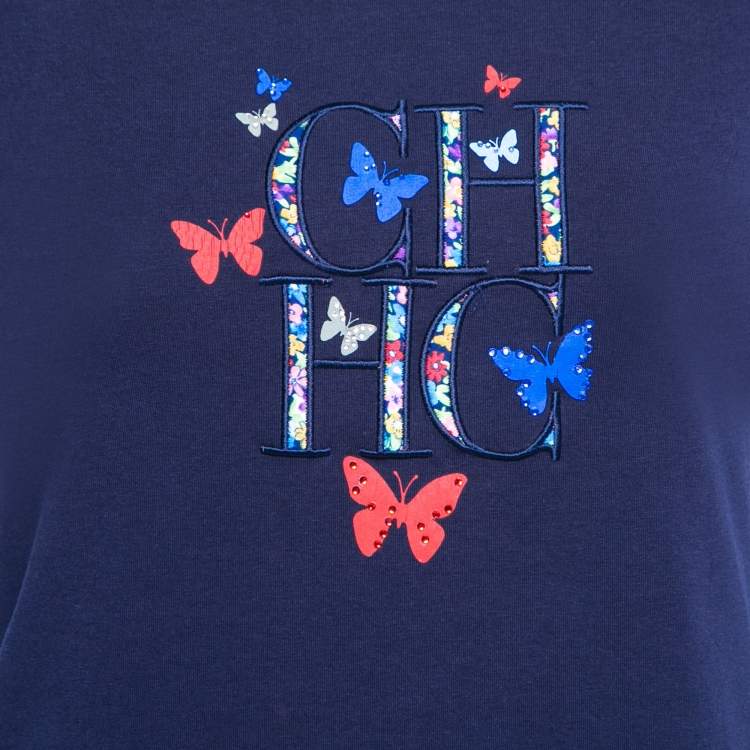 Pre Owned CH Carolina Herrera Navy Blue Cotton Floral Logo Embroidered T-Shirt XS